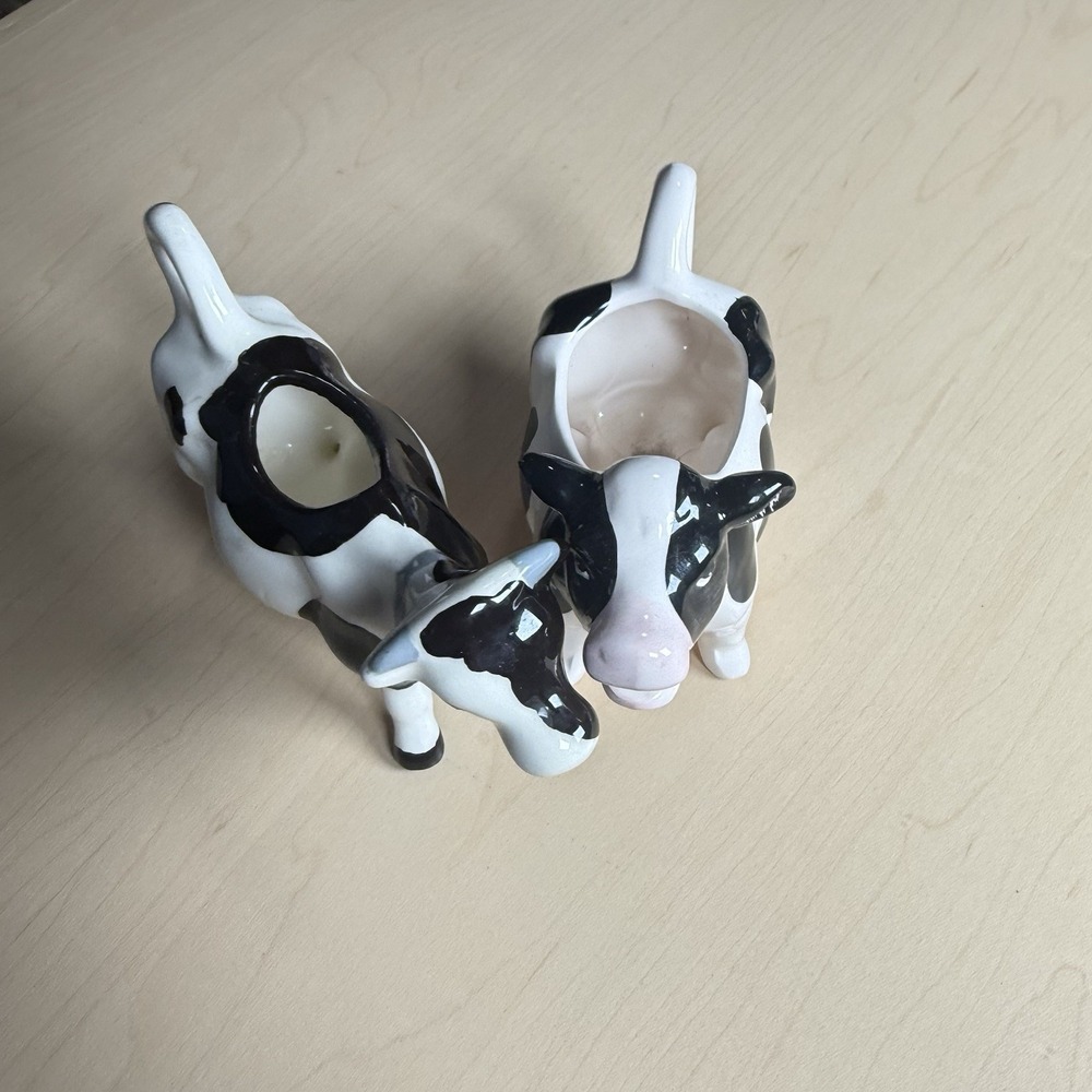 Vintage Black White Spotted Cow Creamer Pitcher Set Farmhouse Country Kitchen